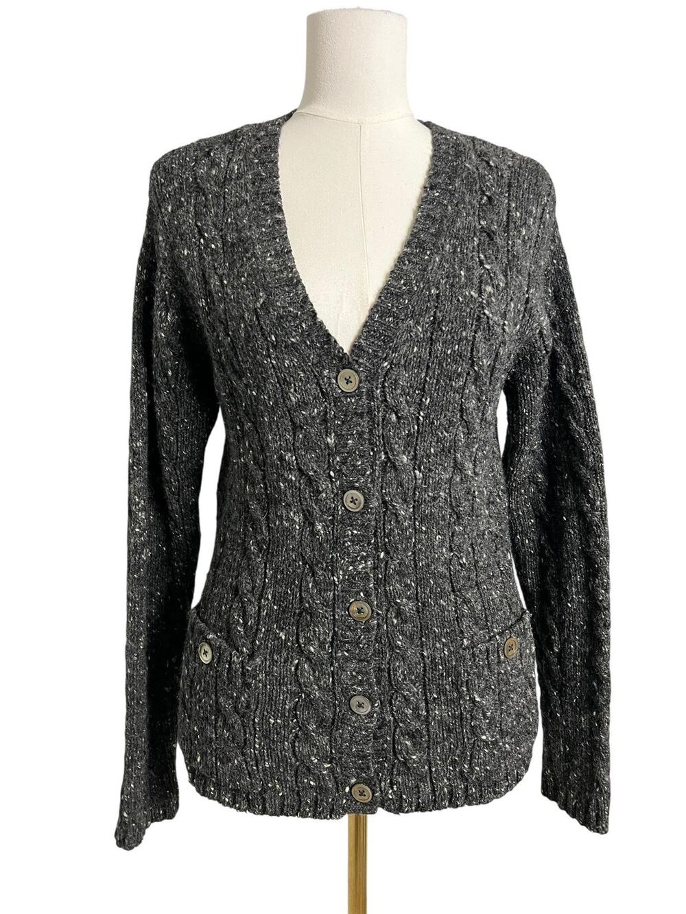 Ralph Lauren Cardigan Sweater Womens Medium Gray 100% Wool Cable Knit Pockets